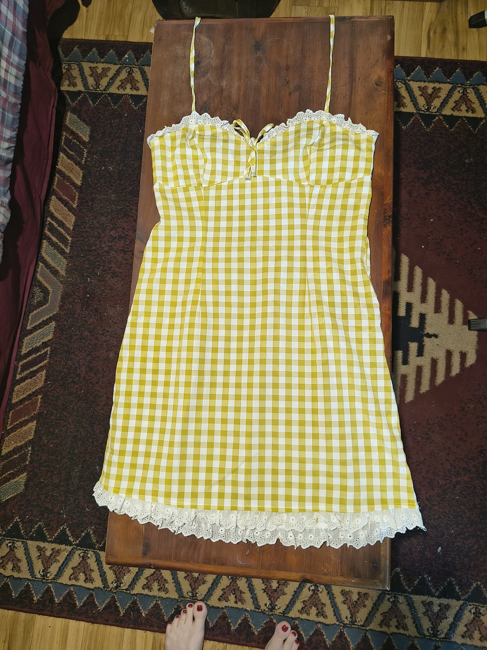Women's Adorable Yellow Gingham Lace-Trim Slip Dress